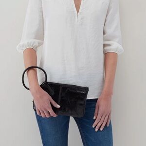 HOBO Sable Polished Black Leather Wristlet Clutch Circular Handle